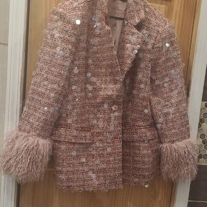 Fashion Nova Tweed Blazer with Faux Fur Cuffs